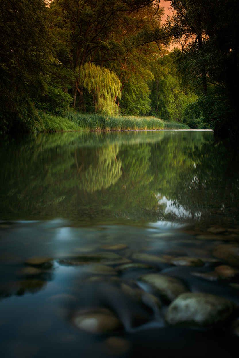 Ruhige Flusslandschaft mit spiegelndem Wasser und grünen Ufern — die Essenz von Flussblick Reisen