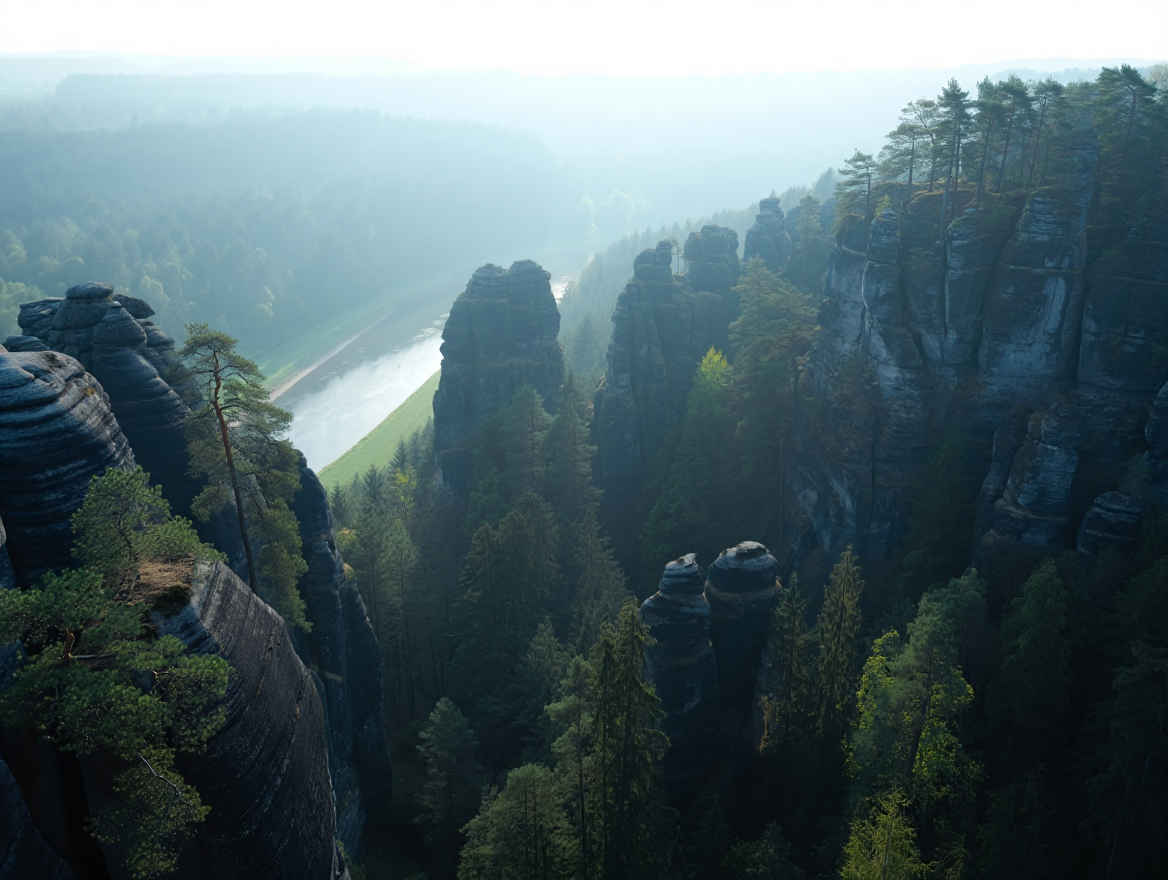 Elbsandsteingebirge in der Sächsischen Schweiz — markante Felsformationen im Morgennebel
