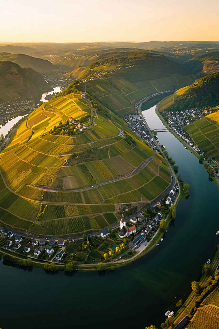 Moselschleife bei Bremm — sanfte Kurve des Flusses durch grüne Weinberghänge