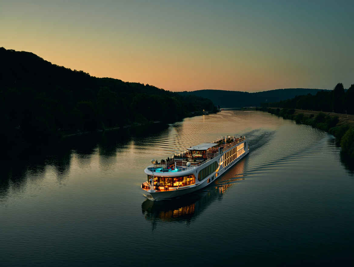 Exklusives Flussschiff auf dem Rhein bei Sonnenuntergang — Premium-Flusskreuzfahrt von Flussblick Reisen
