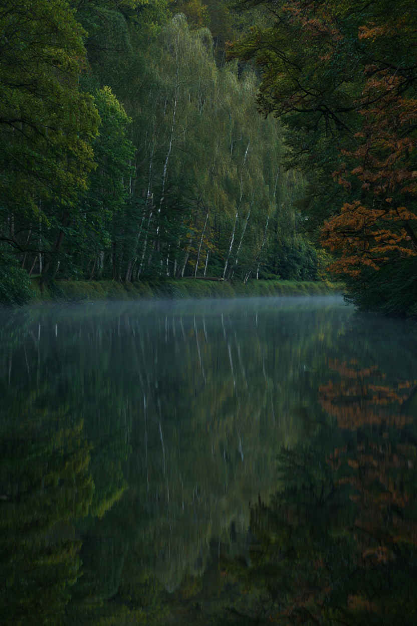 Spiegelung des Waldes im ruhigen Flusswasser — morgendliche Stimmung in einem deutschen Flusstal